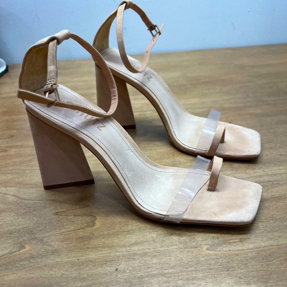 Schutz nude sandals heels clear toe ring size 7